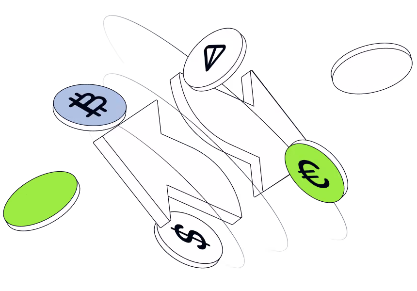Two stylized arrows crossing with floating coins showing Bitcoin, dollar, euro, and DAI currency symbols.