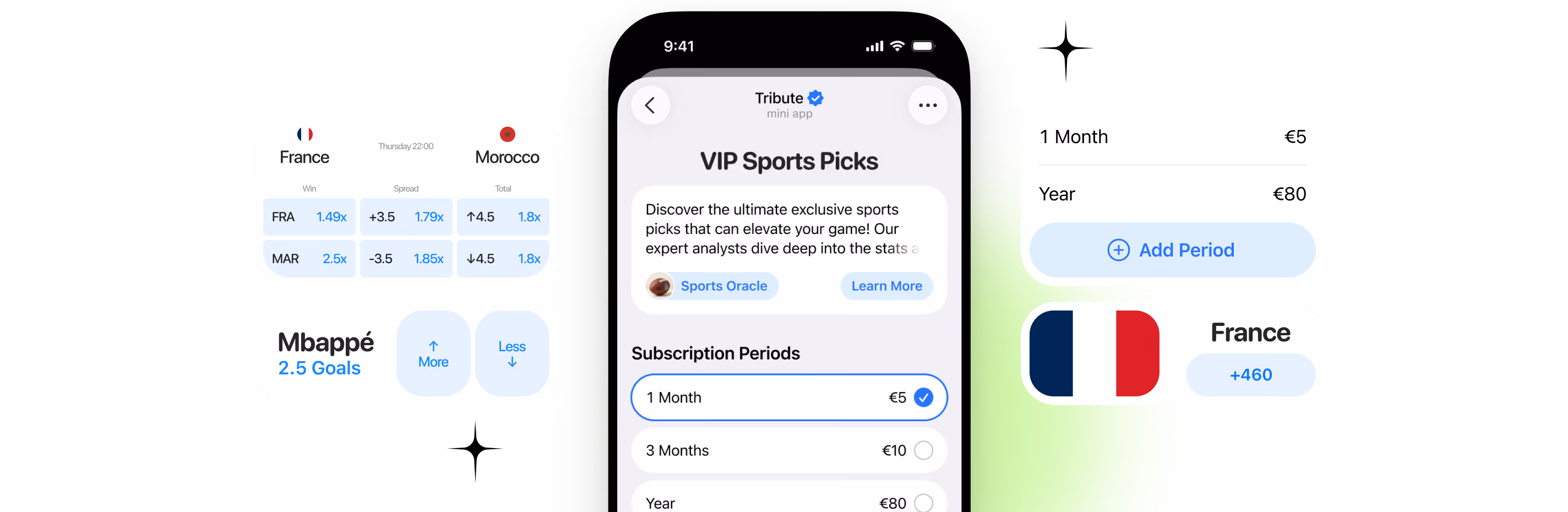 Mobile app screen for VIP Sports Picks with subscription options and football betting odds for France vs Morocco.