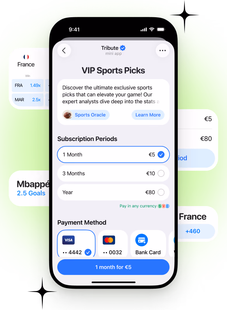 Mobile screen showing VIP Sports Picks subscription with 1 month selected for €5 and payment method options.
