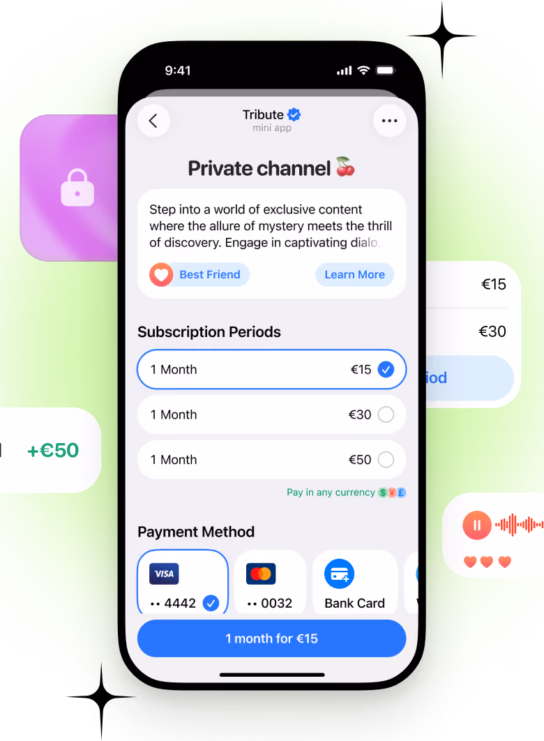 Mobile app screen showing subscription options and payment methods for a private channel costing €15 for one month.