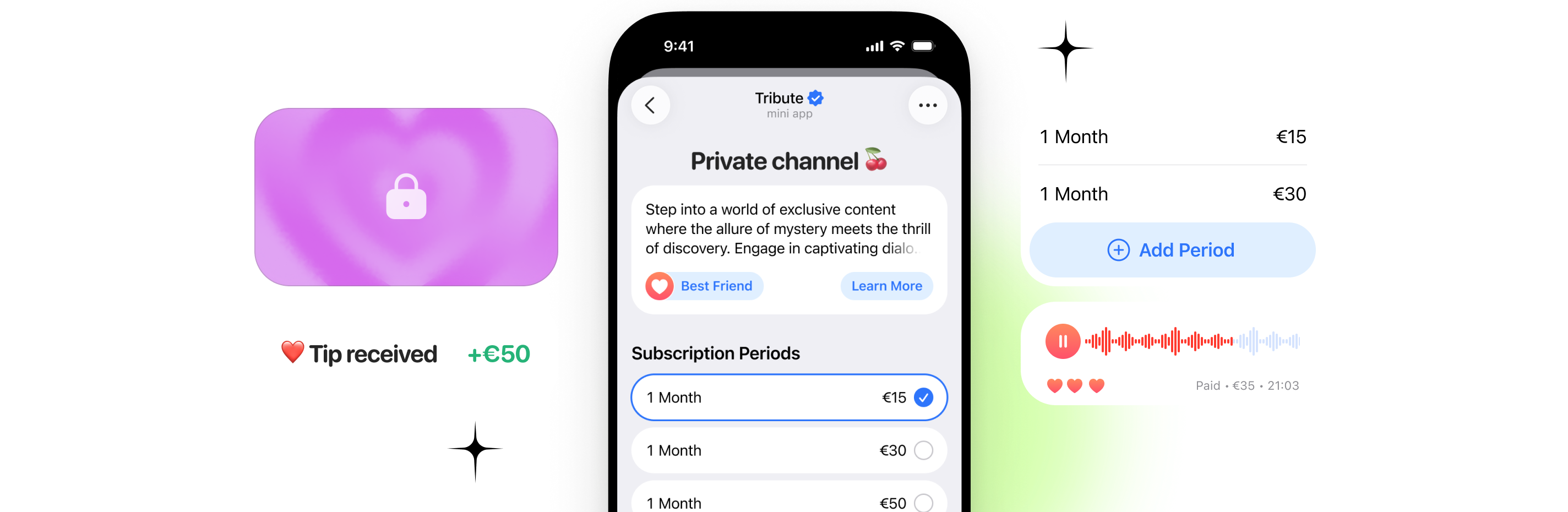 Mobile screen showing private channel subscription options and a €50 tip received notification.