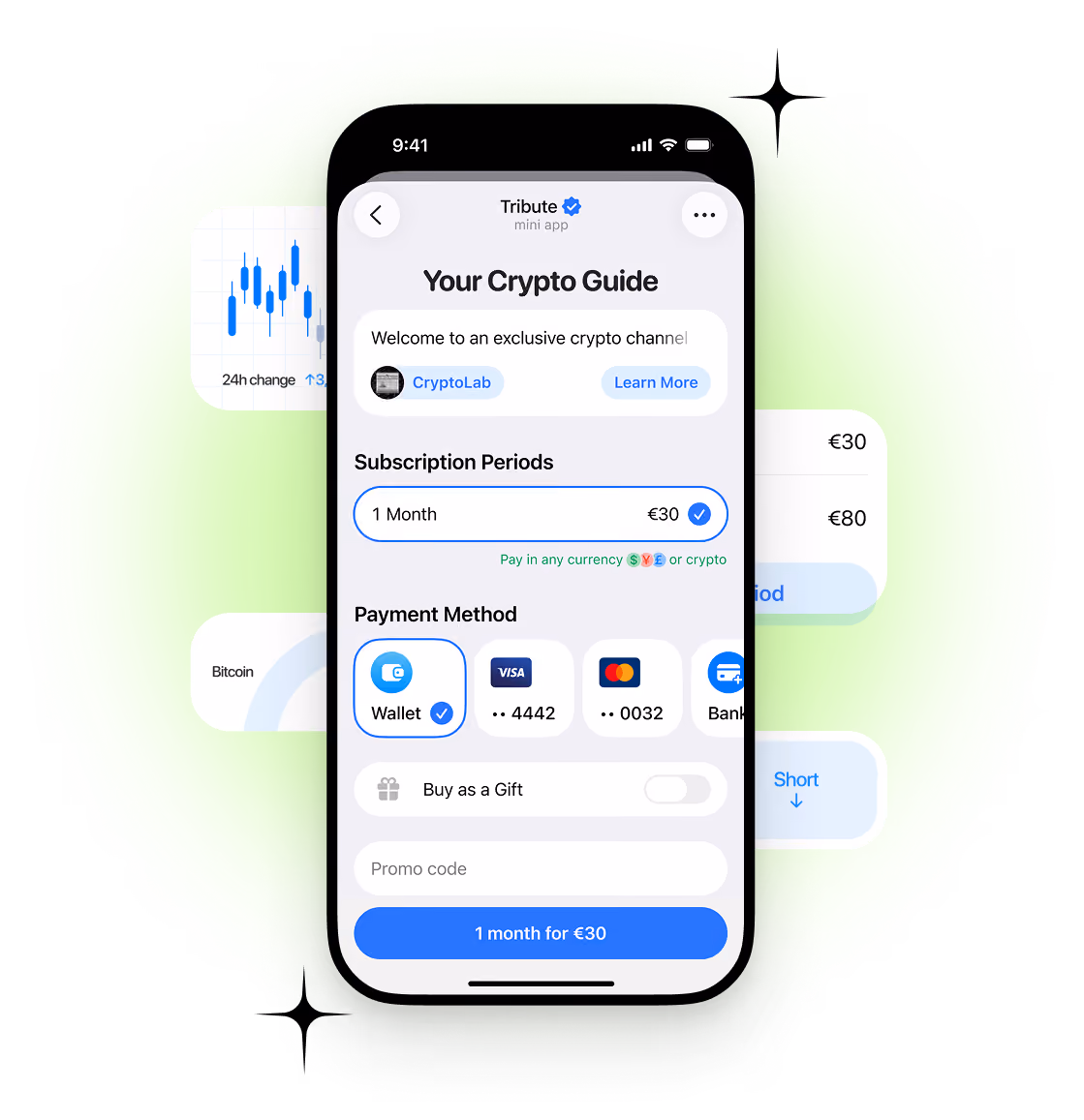 Mobile screen showing crypto guide app with subscription options and payment methods.