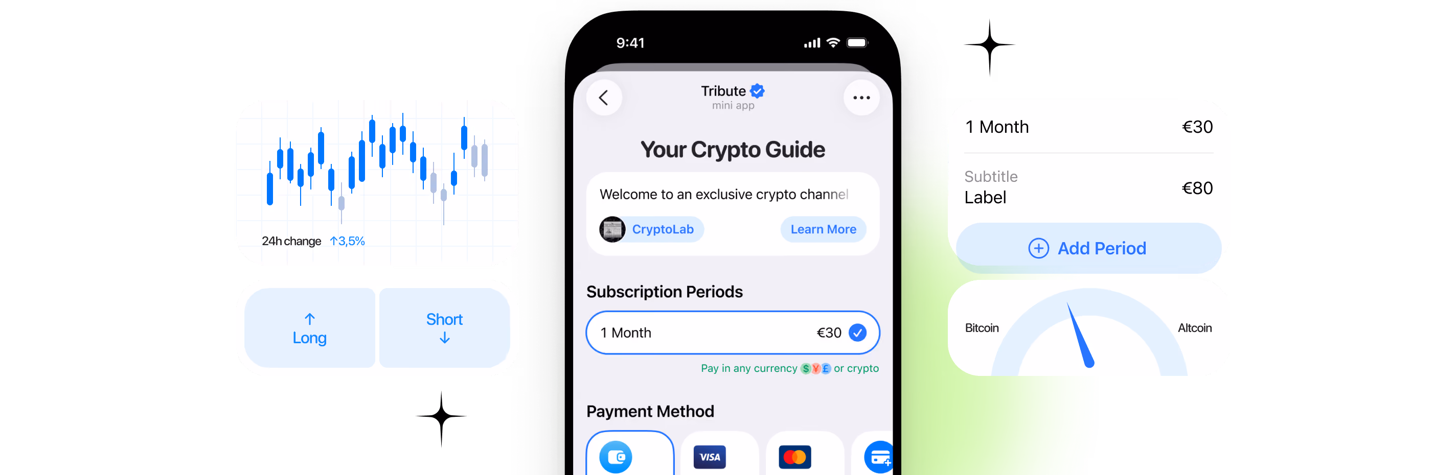 Smartphone screen showing crypto subscription app with price options, payment methods, and charts.