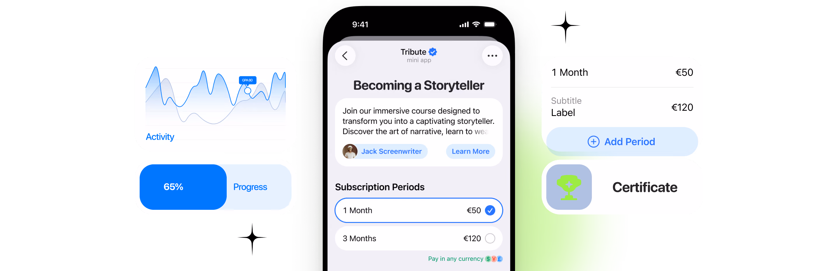 Mobile app screen showing a storytelling course subscription with progress and pricing details in euros.