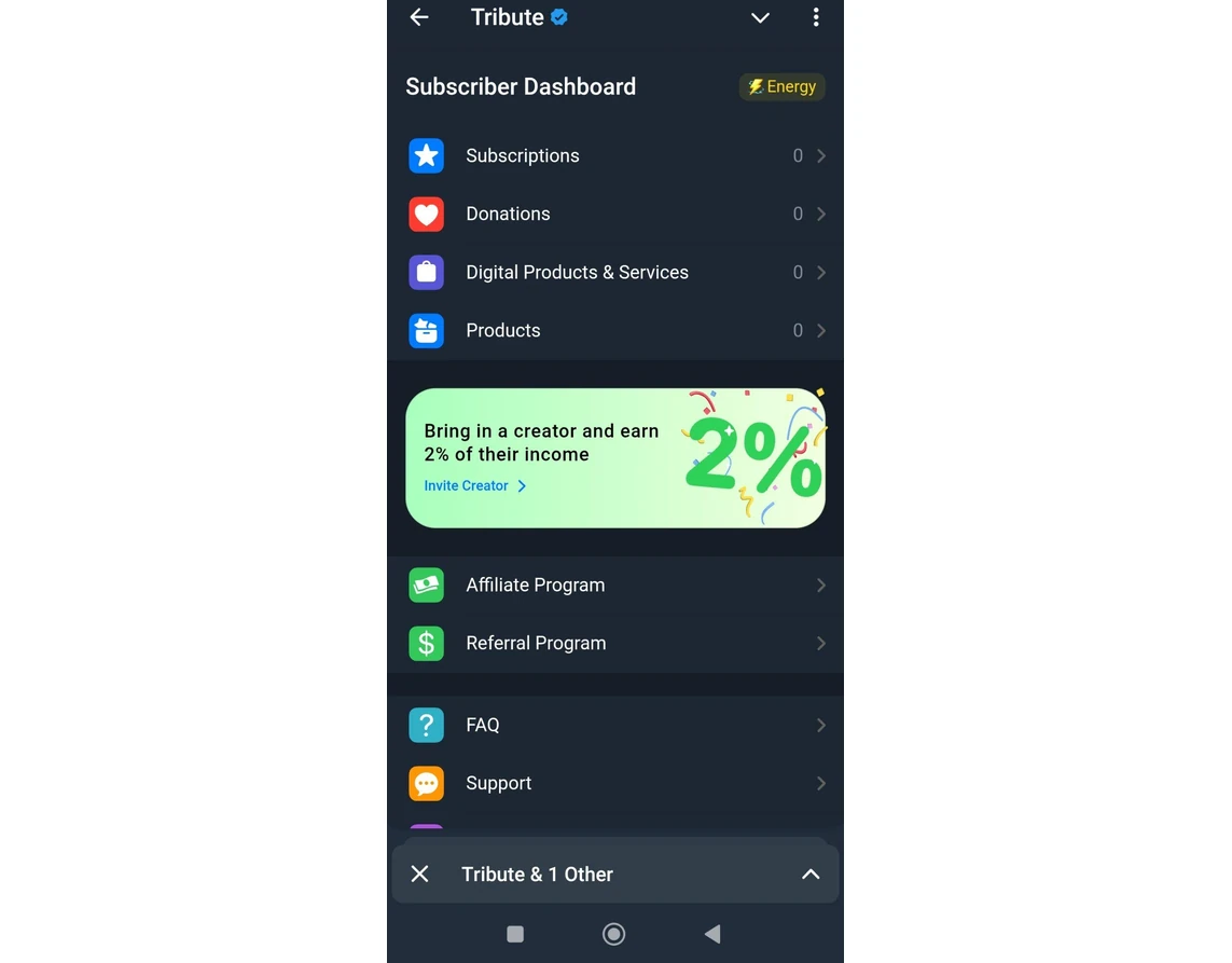 Tribute Telegram monetization bot interface for paid memberships