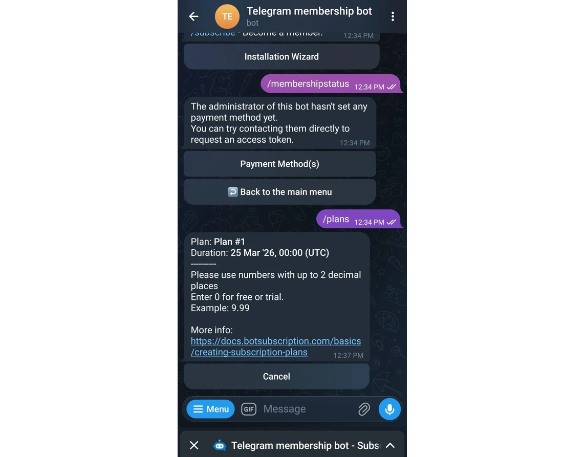 TGmembership Telegram subscription bot dashboard