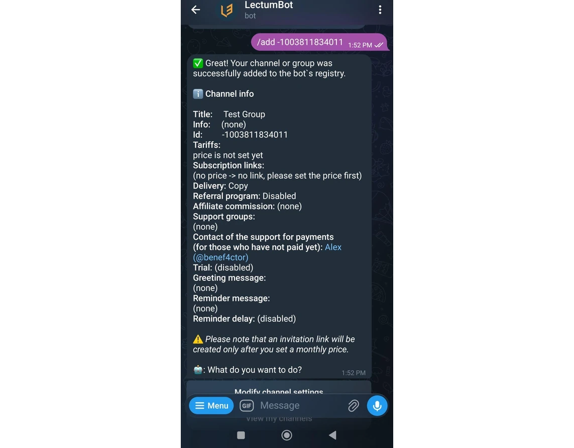 LectumBot Telegram bot interface for automated channel access
