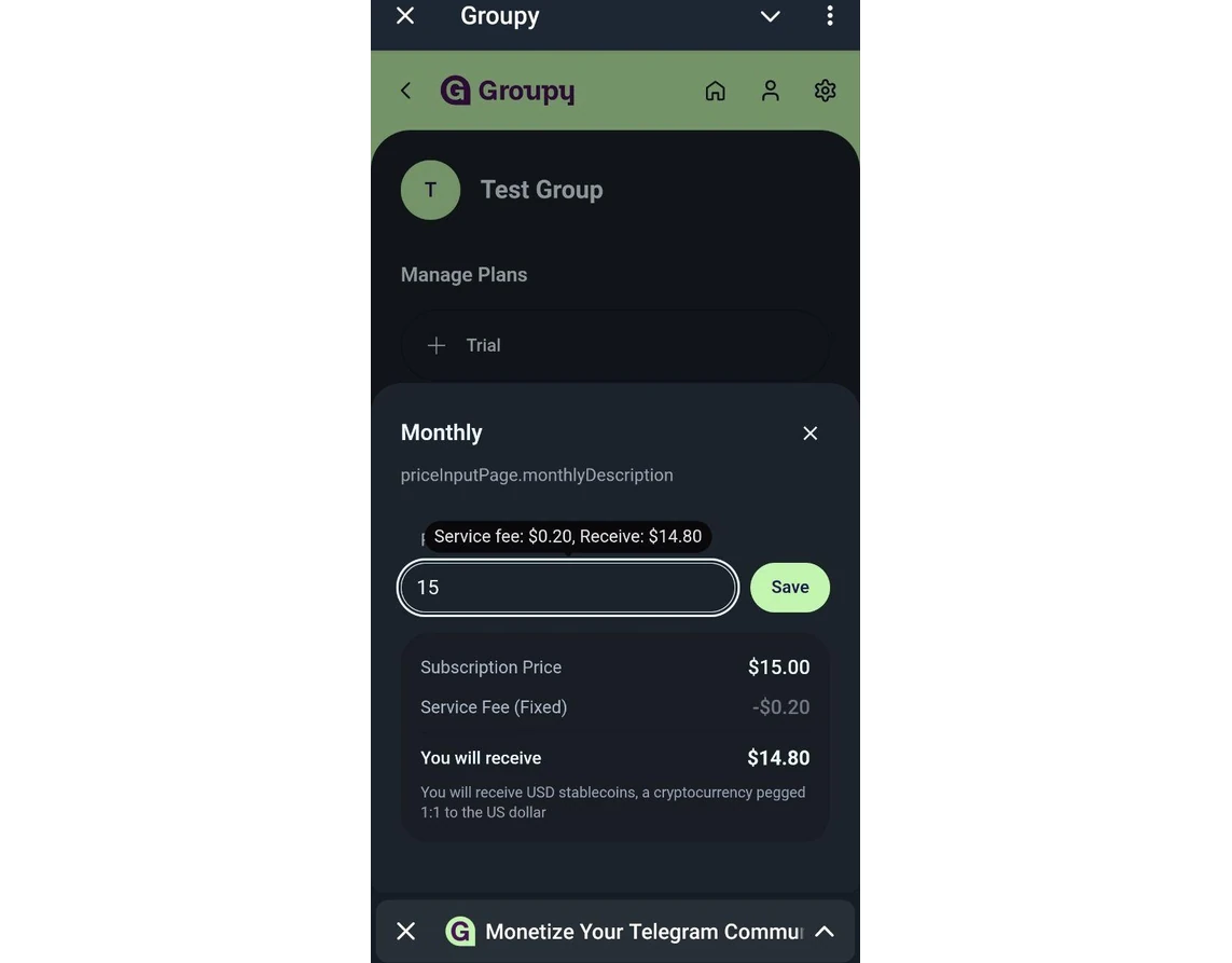 Groupy Telegram subscription bot interface for paid communities