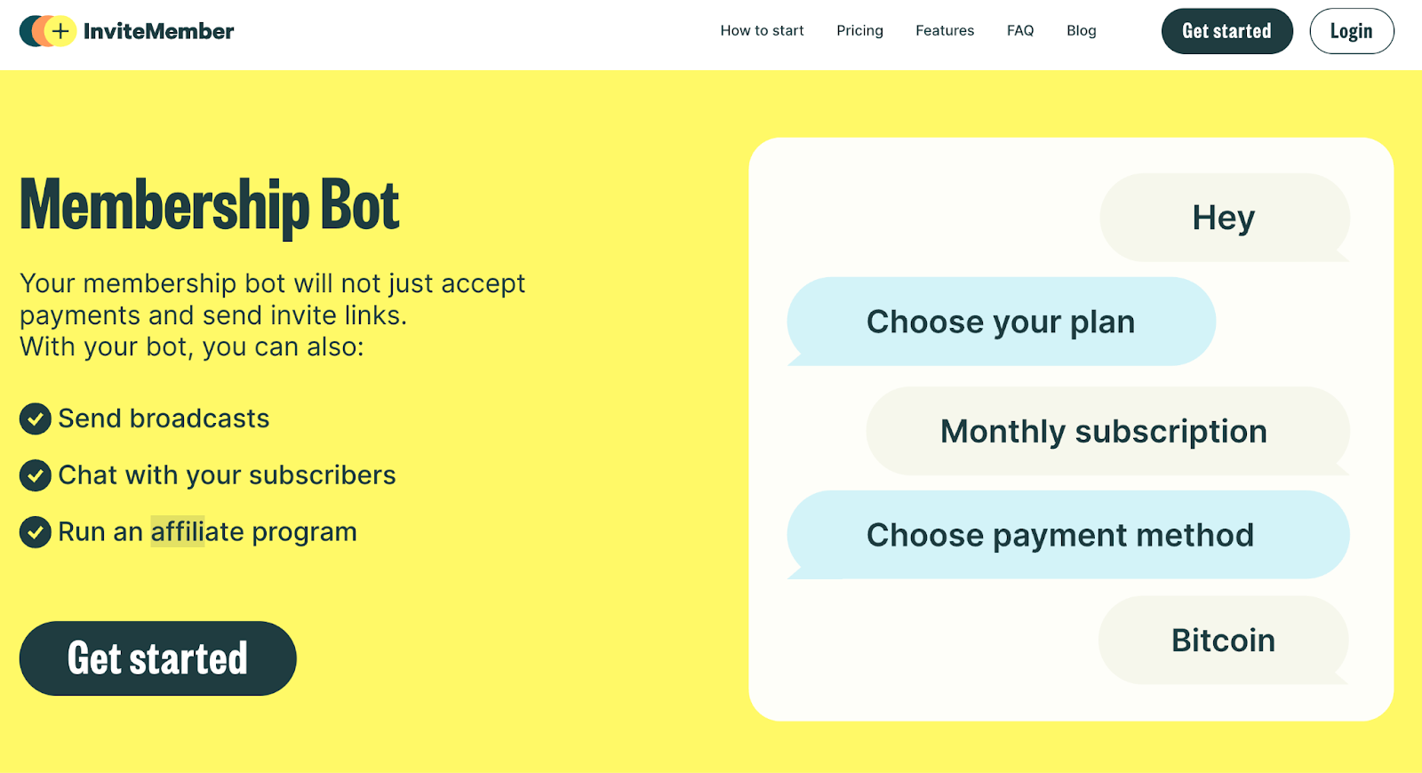 InviteMember landing page showing the Telegram subscription bot, a LaunchPass alternative with built-in affiliate program and recurring payment support