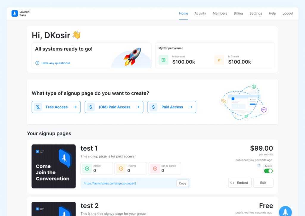 LaunchPass dashboard interface showing Stripe balance, signup pages, and paid access setup for Telegram monetization