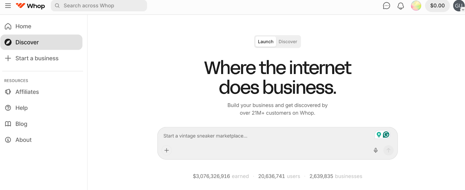 Whop homepage presenting the platform as a LaunchPass alternative for creators monetizing Telegram communities and digital products