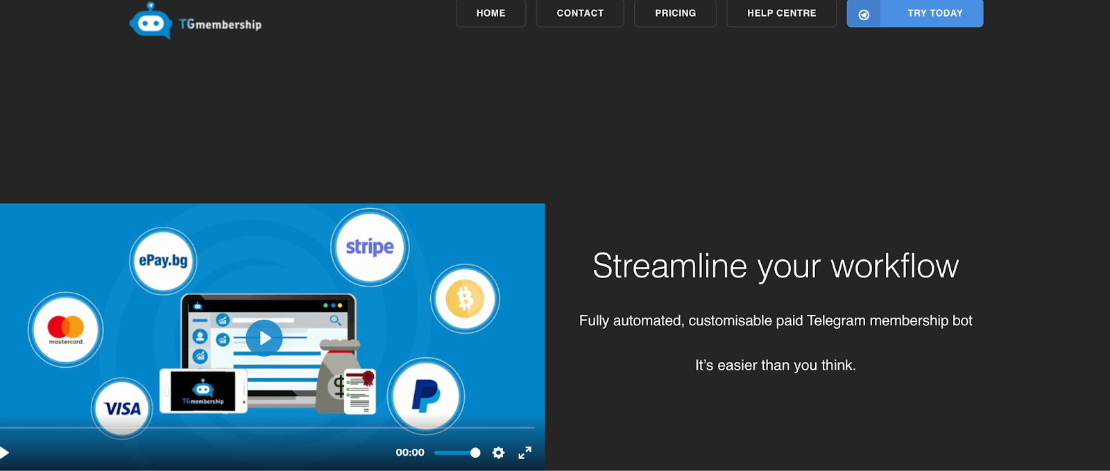 TGmembership website highlighting a customisable paid Telegram membership bot as a LaunchPass alternative with Stripe, PayPal, and crypto payment suppor