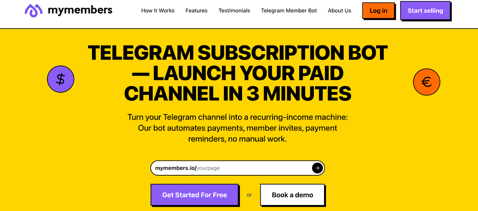 MyMembers homepage positioning its Telegram subscription bot as a LaunchPass alternative that launches a paid channel in three minutes