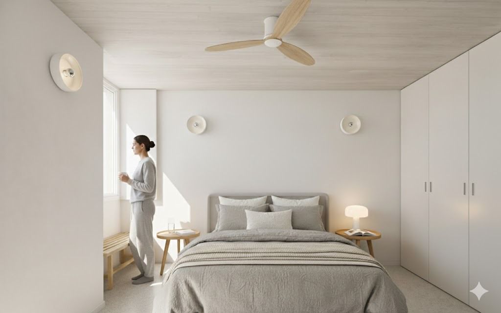 Minimalist bedroom with beige tones featuring a bed with multiple pillows and a striped blanket, wooden ceiling fan, round bedside tables with a lamp and book, and a woman in gray loungewear standing by the window.