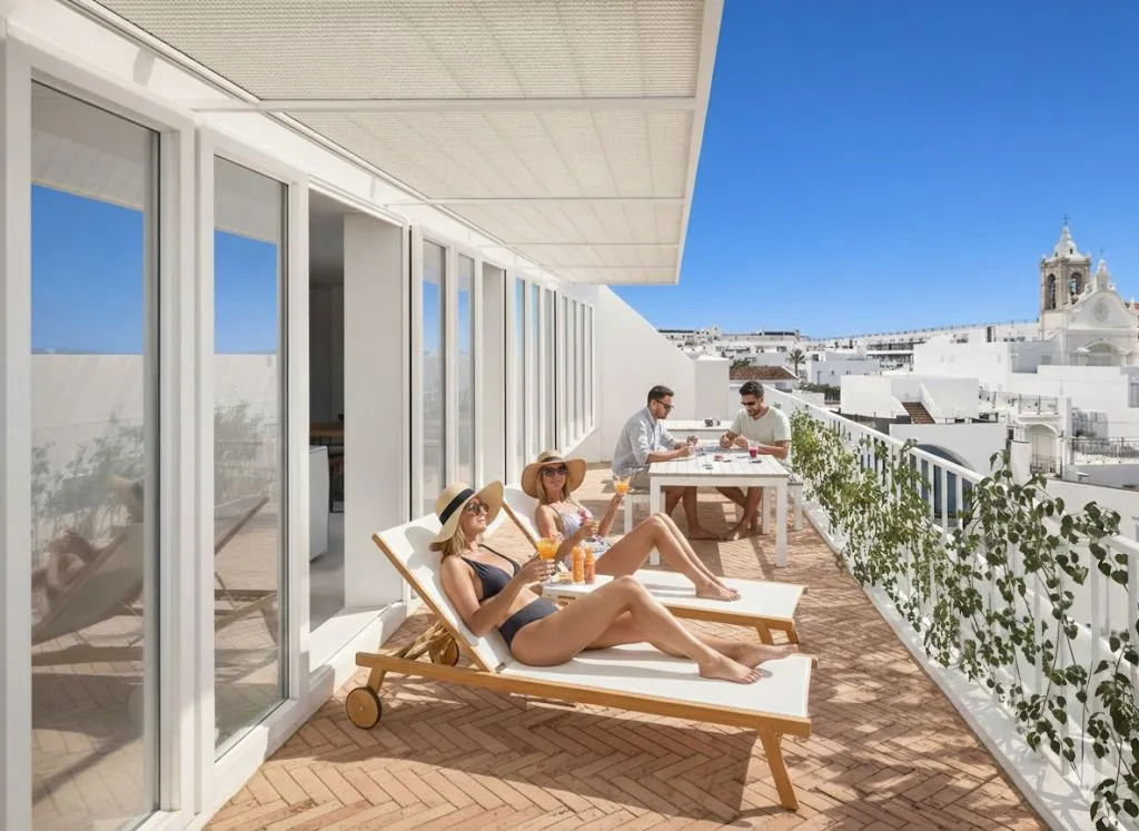 Two women in swimsuits and sun hats lounging on deck chairs with drinks on a rooftop terrace, with two men sitting at a table playing cards under a clear blue sky.