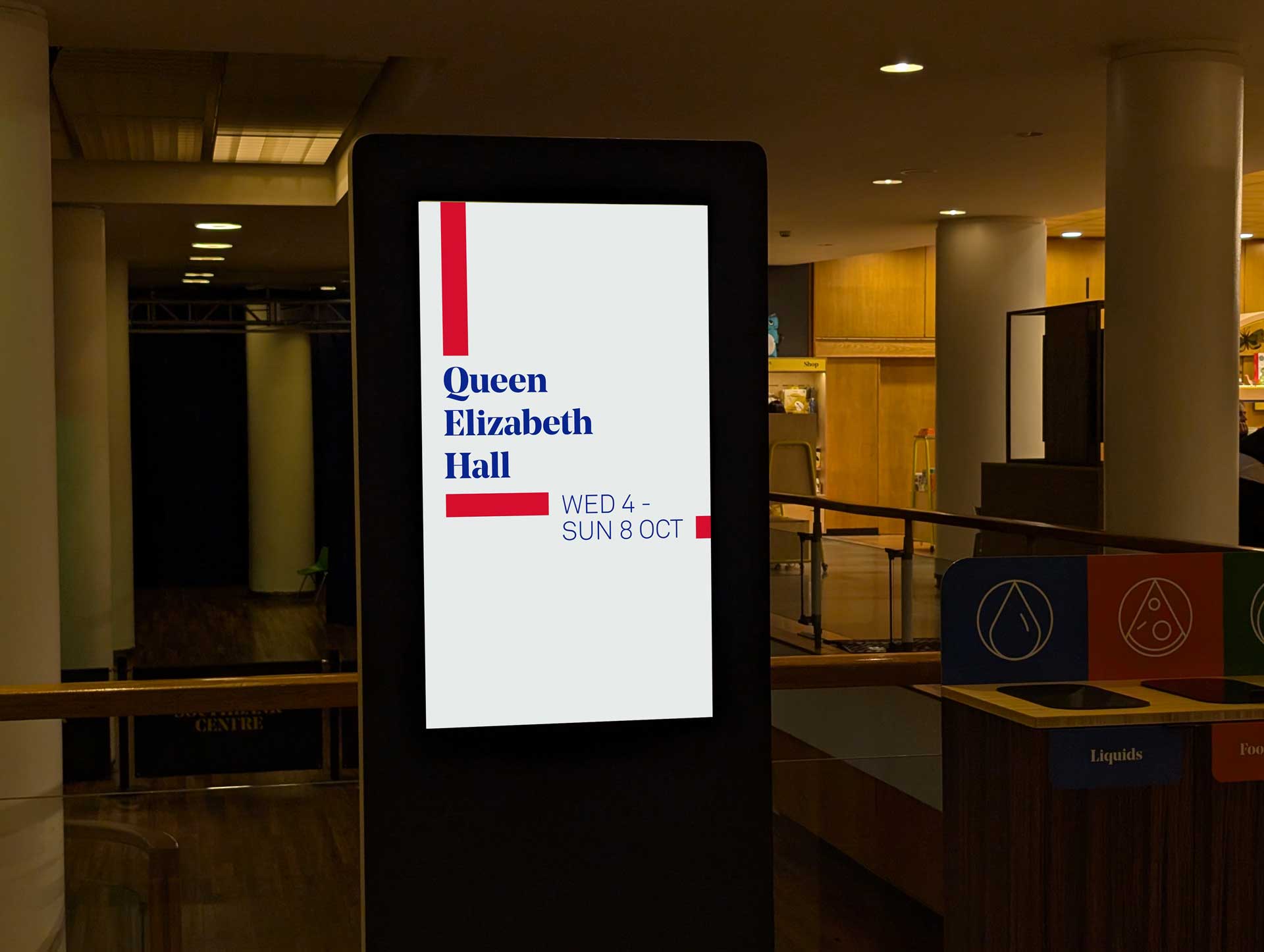 Trailer being shown on a vertical screen inside Southbank Centre
