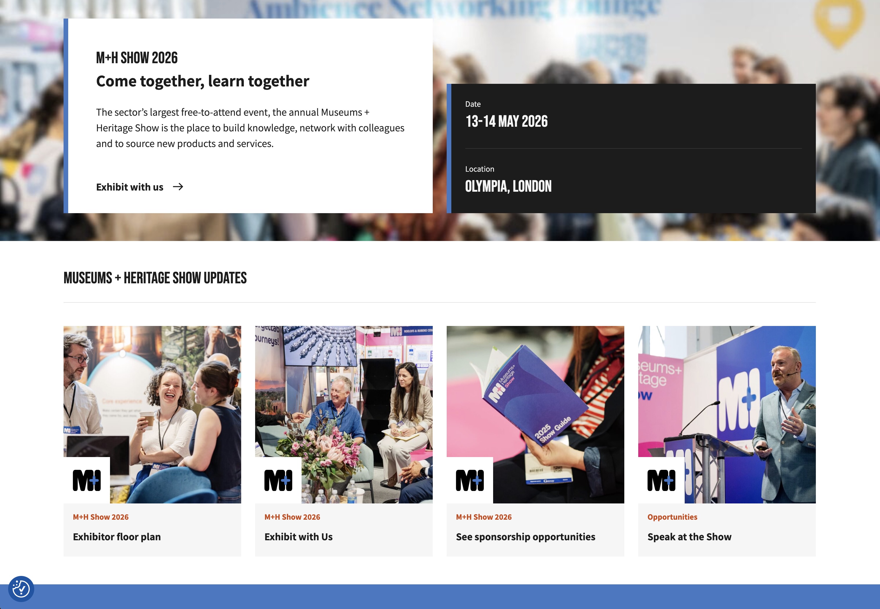 A screengrab showing the 'show' part of the M+H website in blue