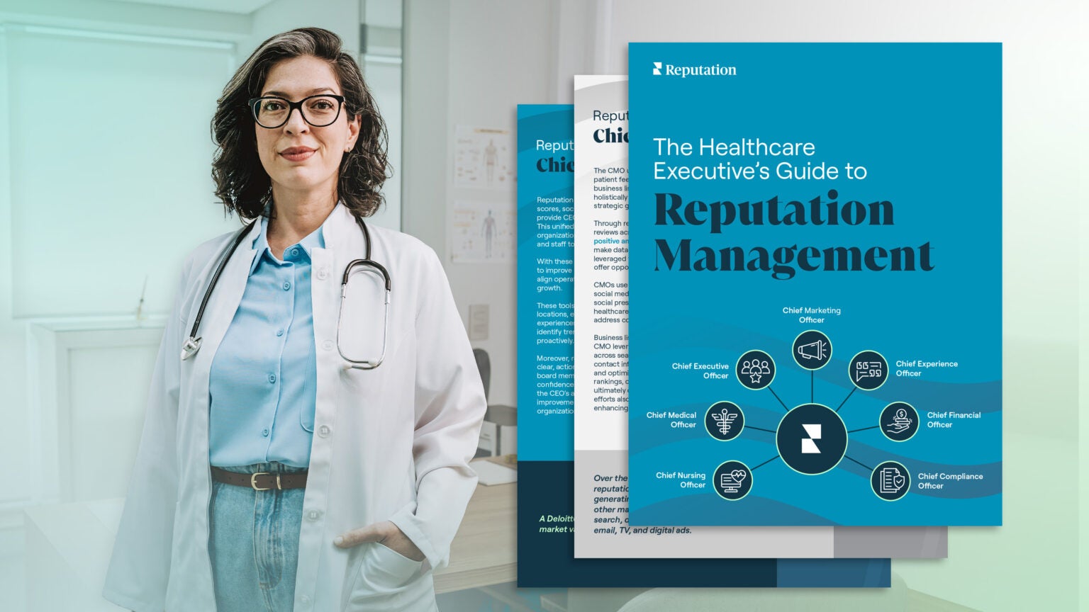 Confident female doctor wearing glasses and a white coat with a stethoscope stands next to a digital cover of a healthcare executive guide to reputation management.