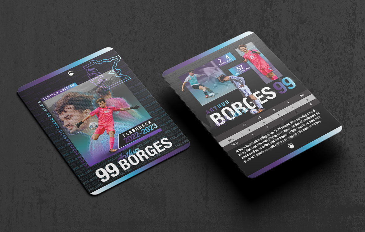 Crown College legend soccer card graphic design