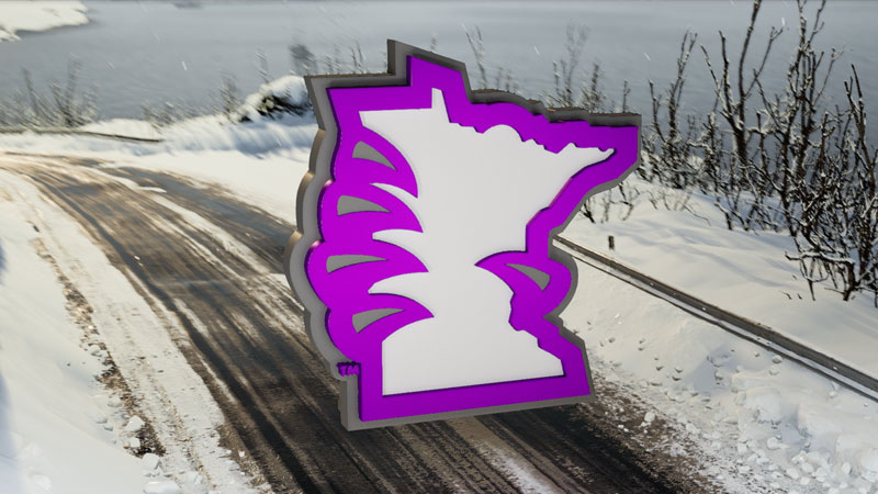 Crown Minnesota athetlic logo above snowy road