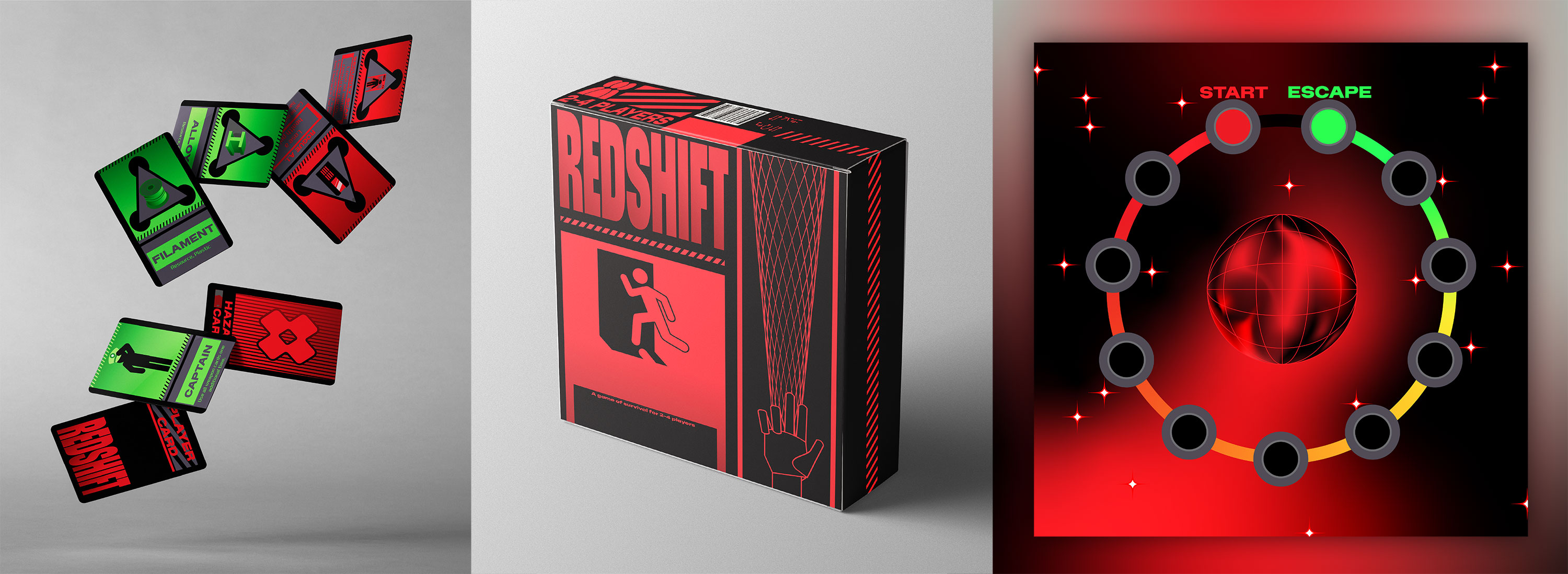 Cards, box, and board from Redshift board game