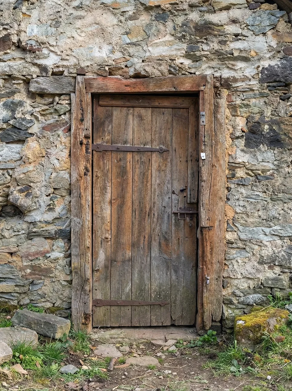 Vieille porte en bois rustique avec ferrures métalliques dans un mur en pierre vieillie.