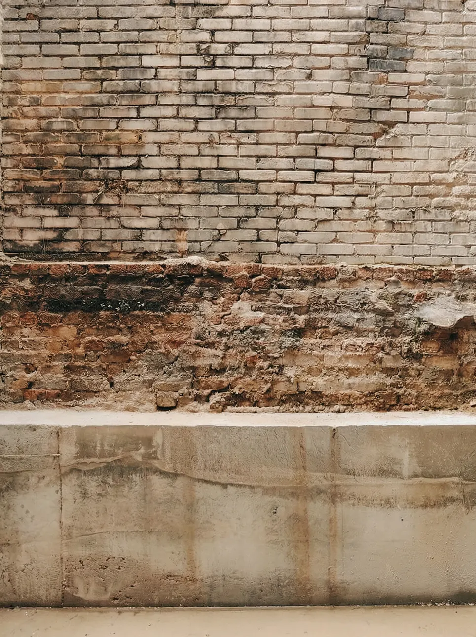 Mur en briques anciens avec des taches et une base en béton usée.