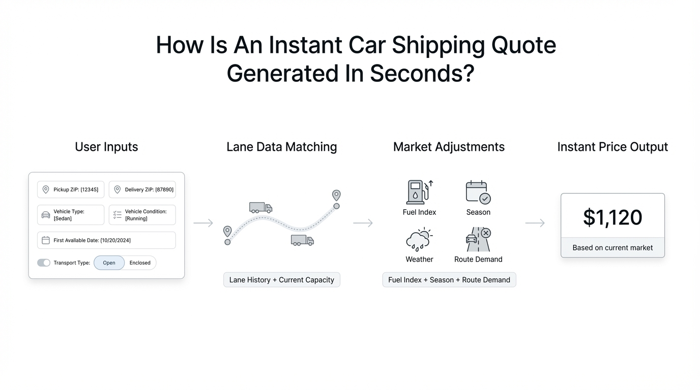 Infographic titled “How Is An Instant Car Shipping Quote Generated In Seconds?” showing four steps: user inputs (ZIP codes, vehicle details, date, transport type), lane data matching, market adjustments (fuel, season, weather, demand), and instant price output of $1,120 based on current market.