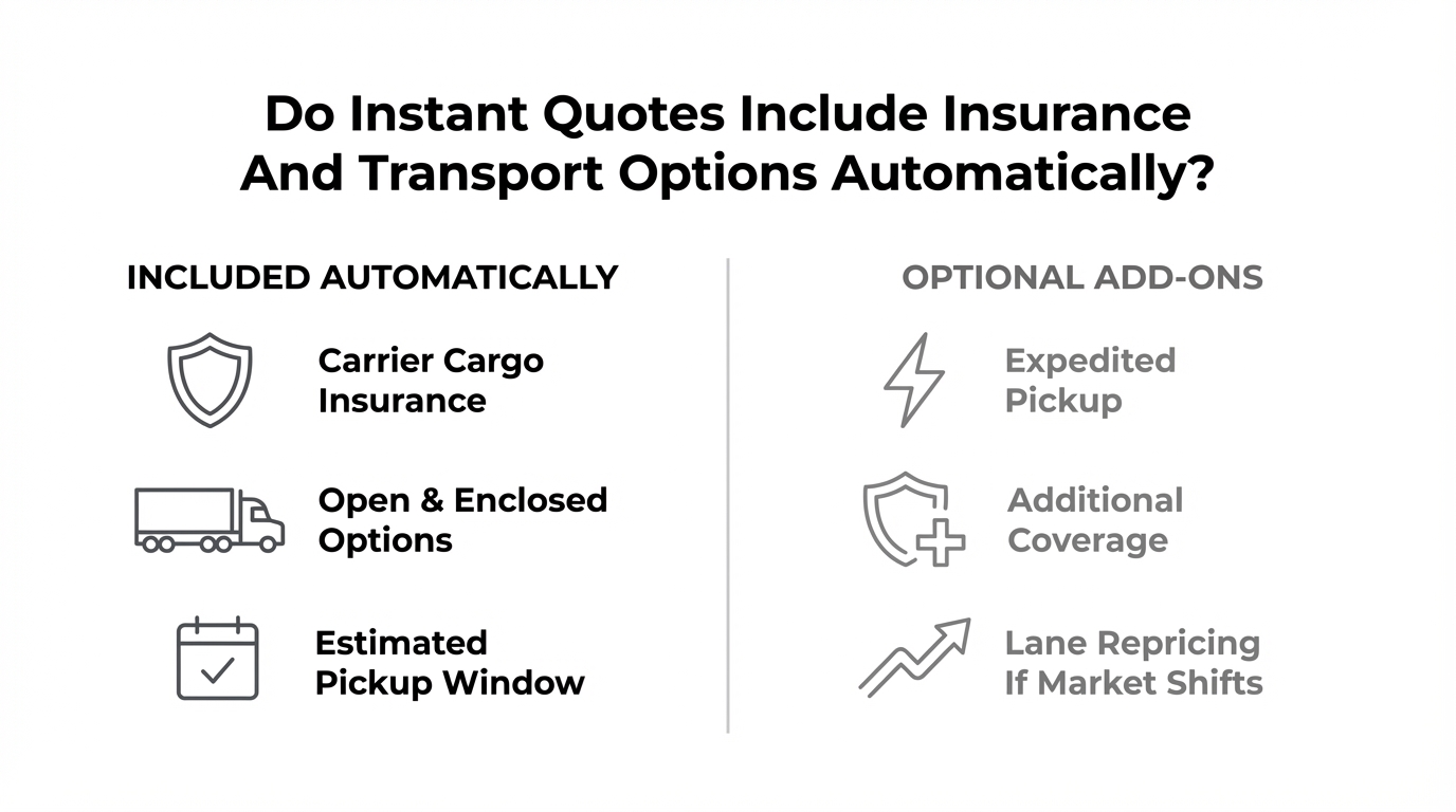 Infographic titled “How Is An Instant Car Shipping Quote Generated In Seconds?” showing four steps: user inputs (ZIP codes, vehicle details, date, transport type), lane data matching, market adjustments (fuel, season, weather, demand), and instant price output of $1,120 based on current market.