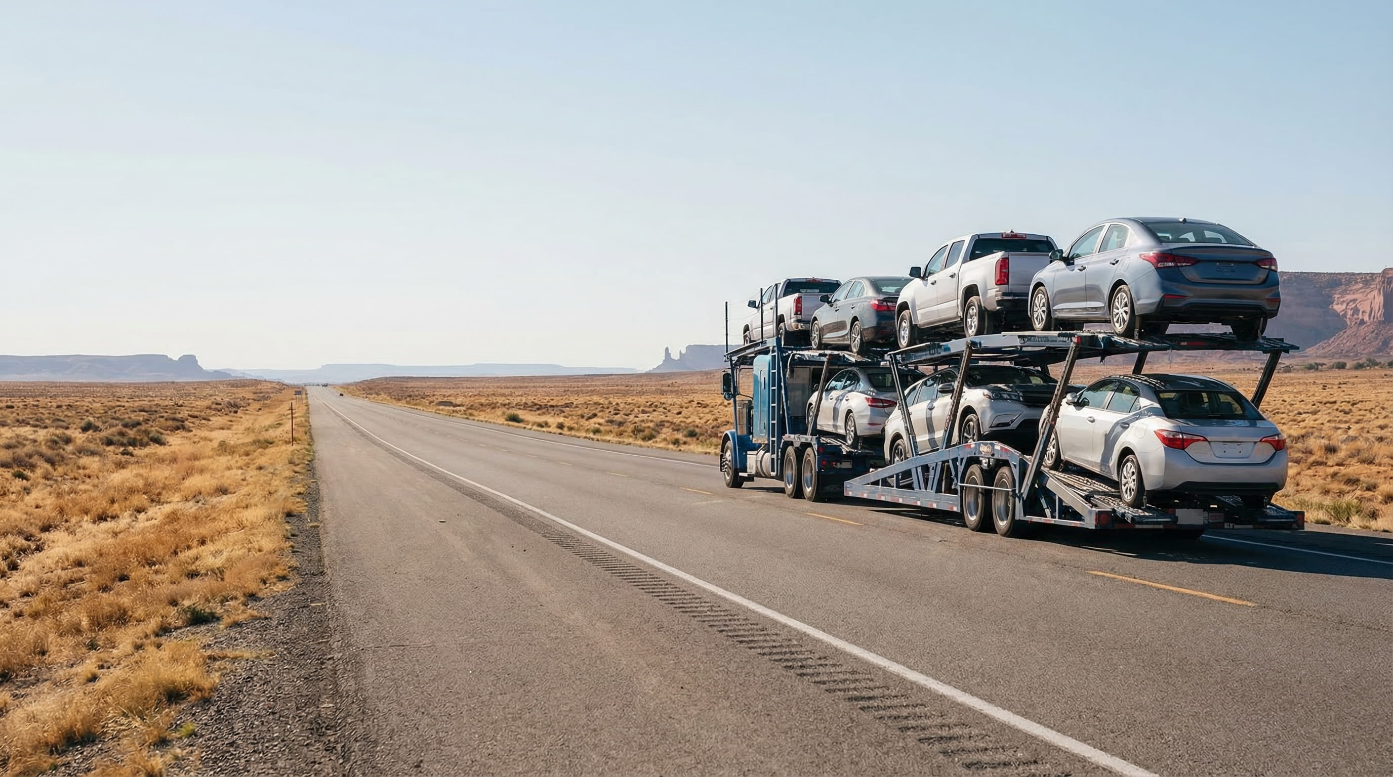 Car carrier truck transporting multiple vehicles on a highway during long-distance auto transport