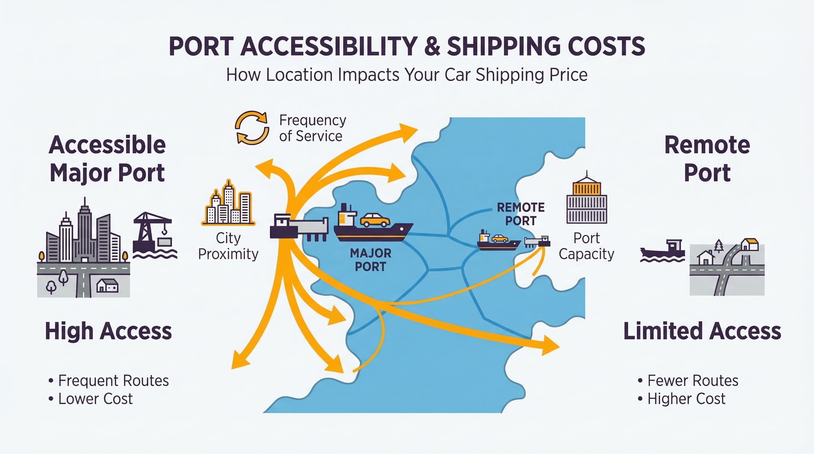 infographic showing how port accessibility and shipping routes impact car shipping costs