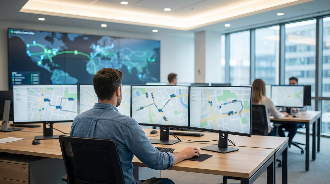 logistics control center managing car transport dispatch with screens and route planning