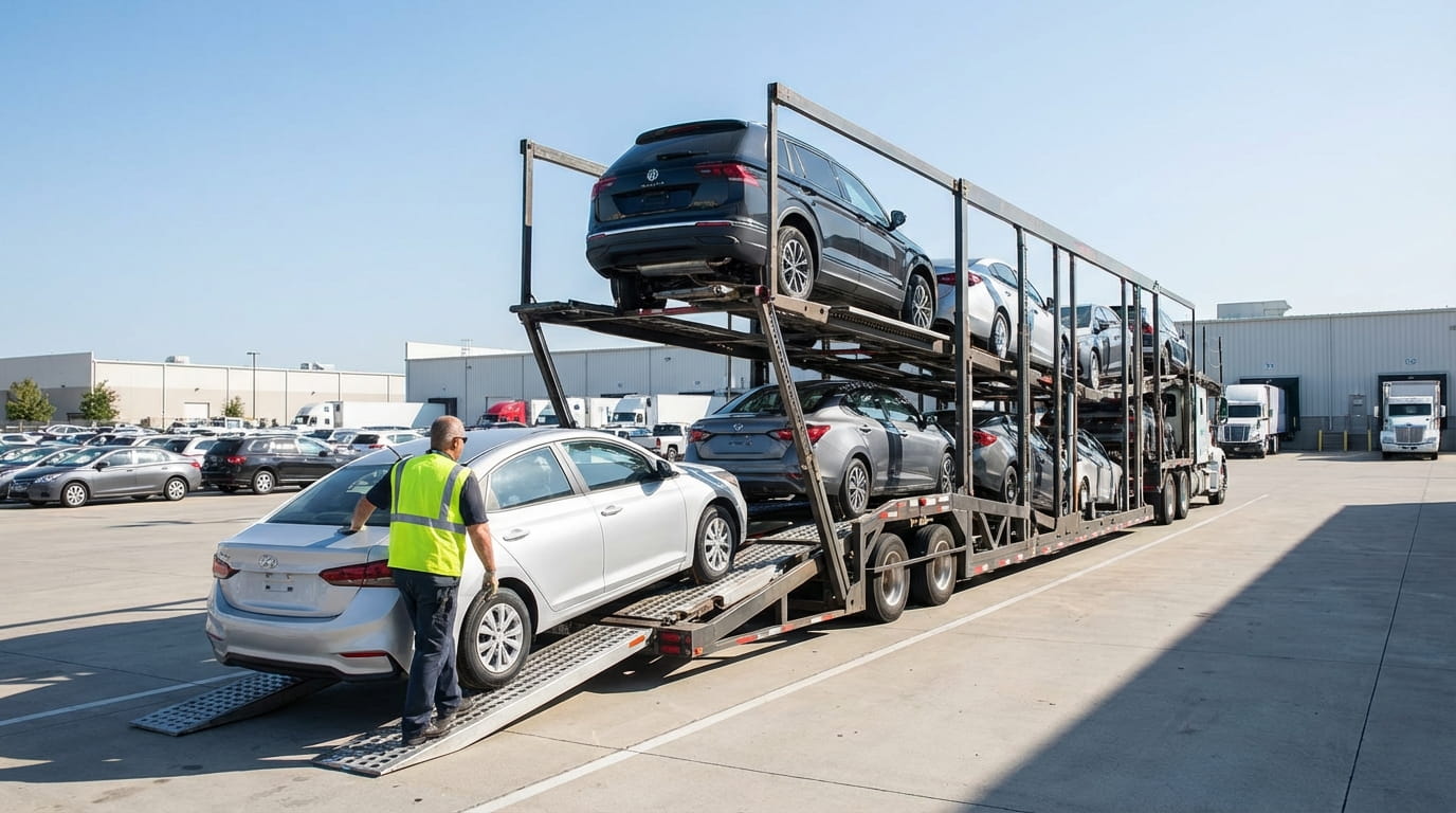 open car carrier being strategically loaded with vehicles showing balanced placement