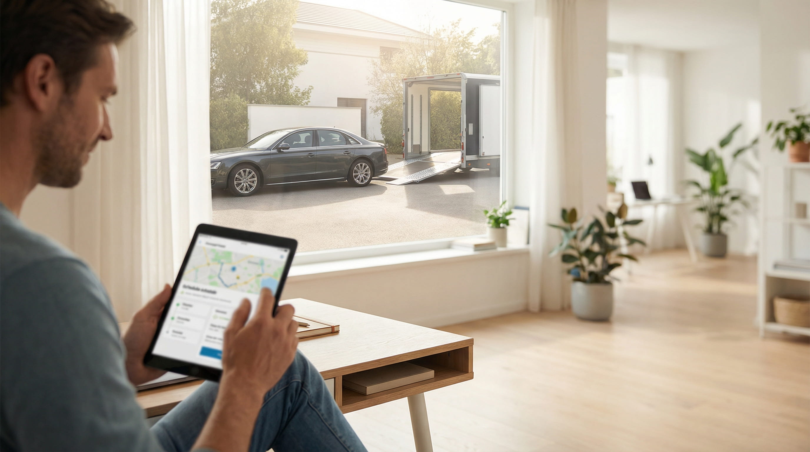 organized car shipping process showing booking confirmation tracking and delivery in a clean professional setting