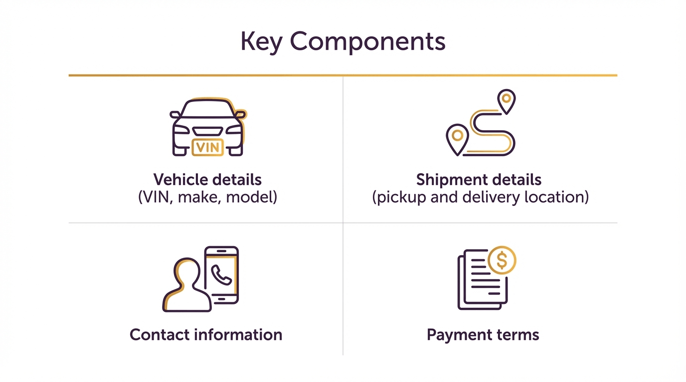 infographic showing key sections of car shipping bill of lading including vehicle details and shipping info