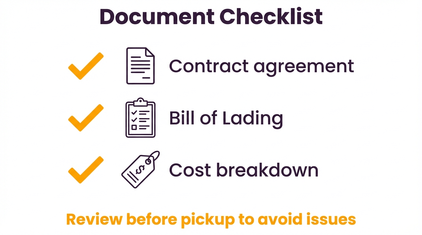 infographic showing checklist for reviewing car shipping documents including contract and bill of lading