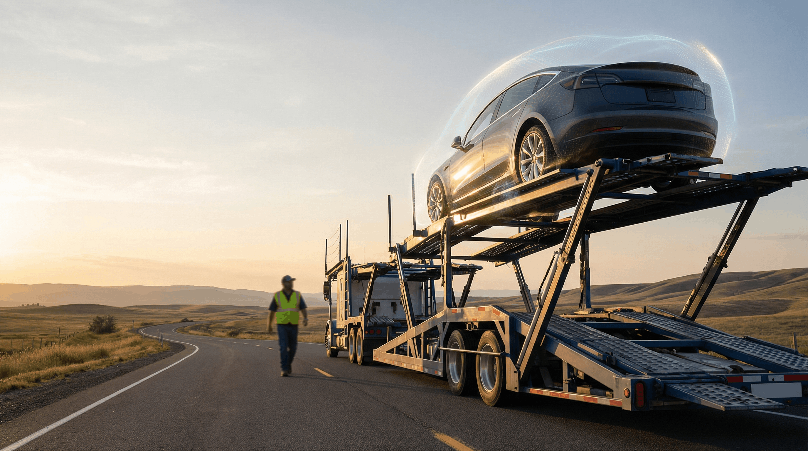 car on carrier protected by insurance concept shield during transport