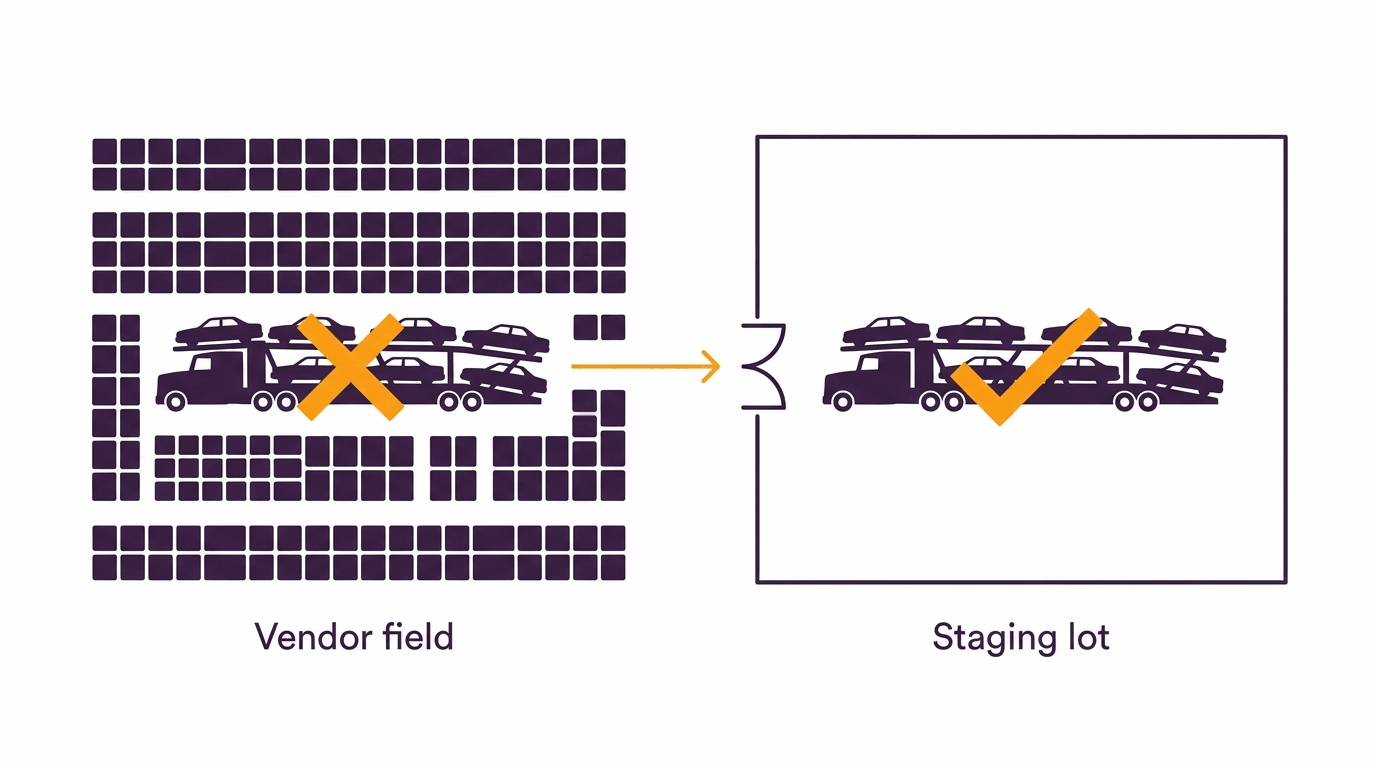 Diagram showing a full size car hauler too large to fit between packed swap meet vendor spaces, and the same truck parked on an open staging lot outside the gate