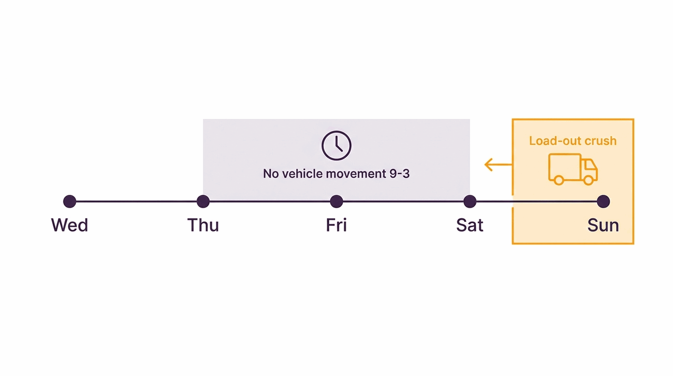 Timeline of Fall Carlisle event days showing the daily nine to three no vehicle movement window and the Sunday load out crush