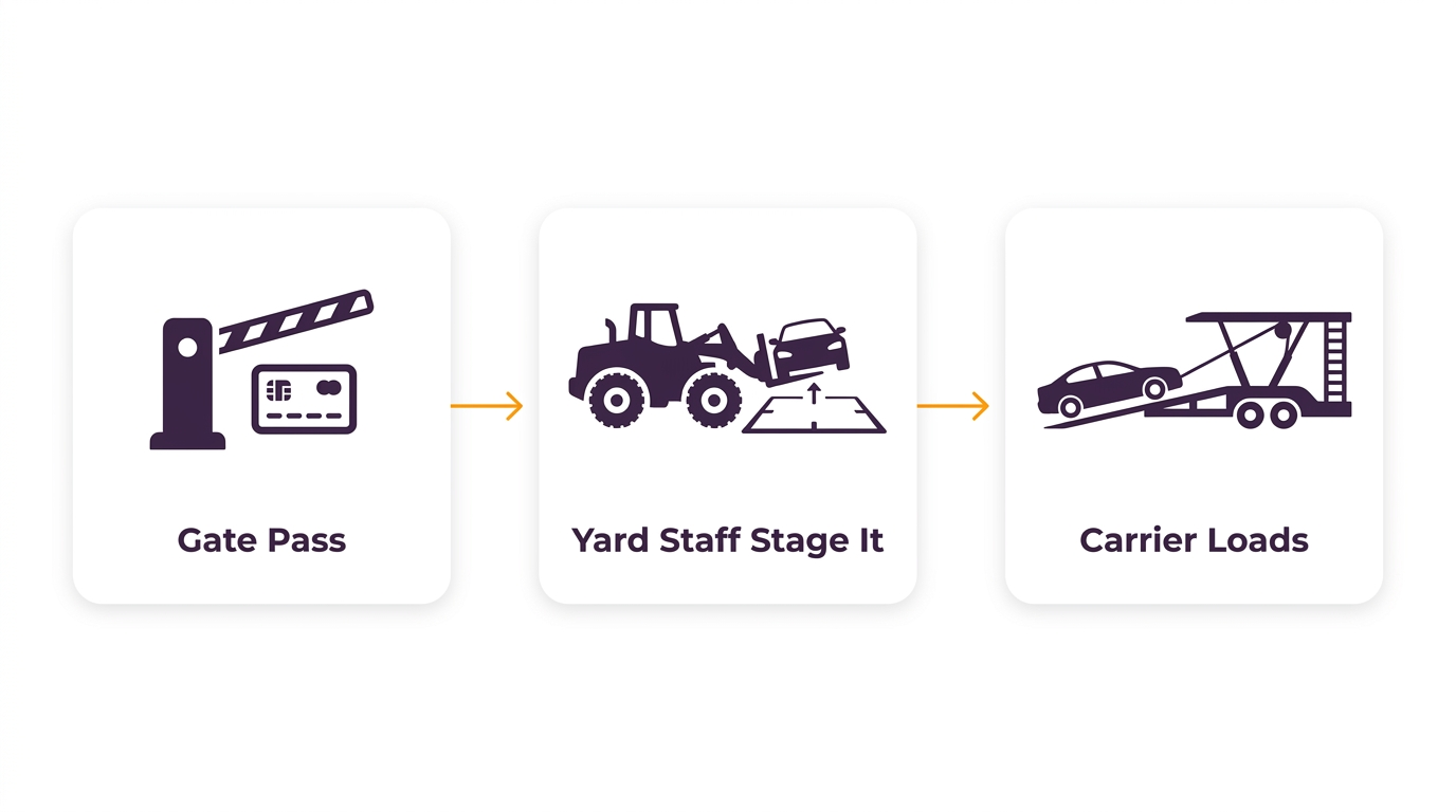 Three step flow showing gate pass, yard staff staging the vehicle, then the carrier loading it