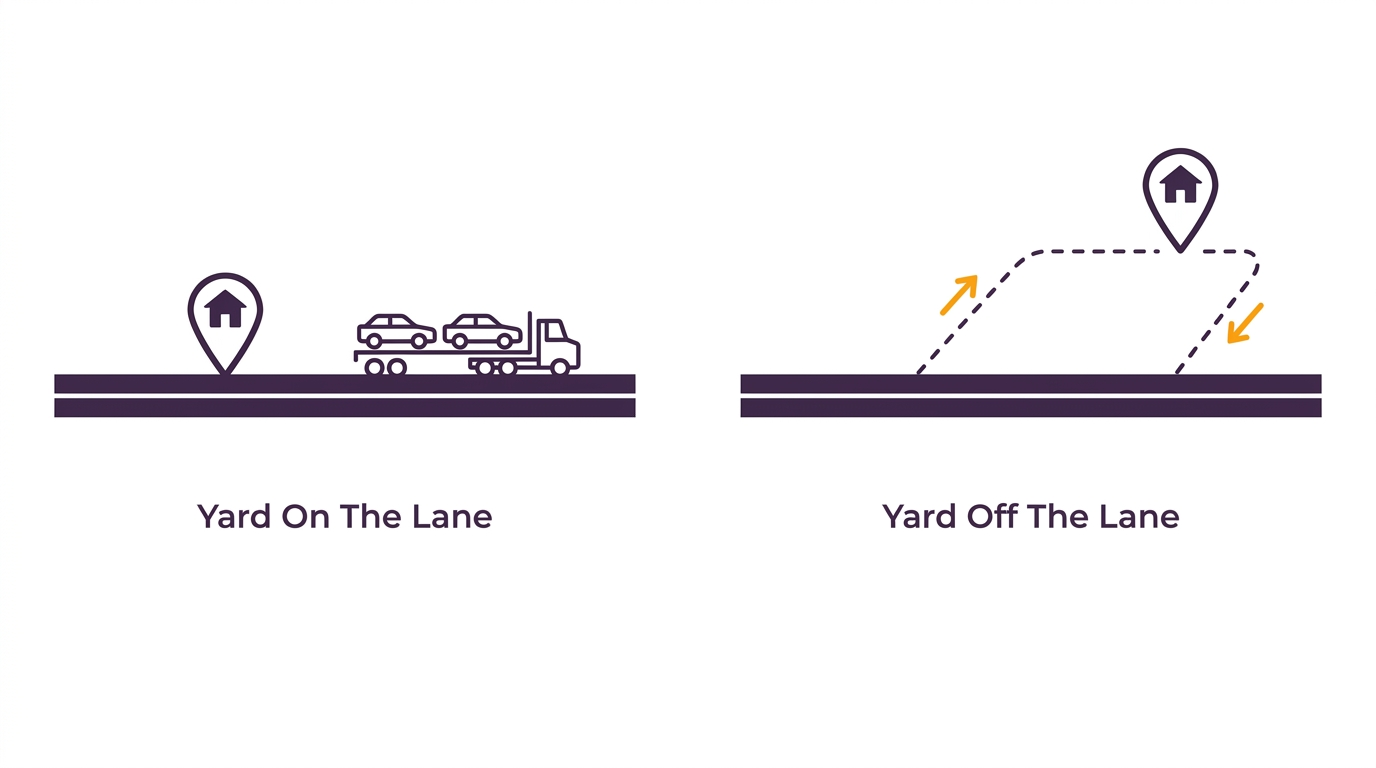 Route map comparing a yard sitting on a busy freight corridor against a remote yard requiring a detour in both directions