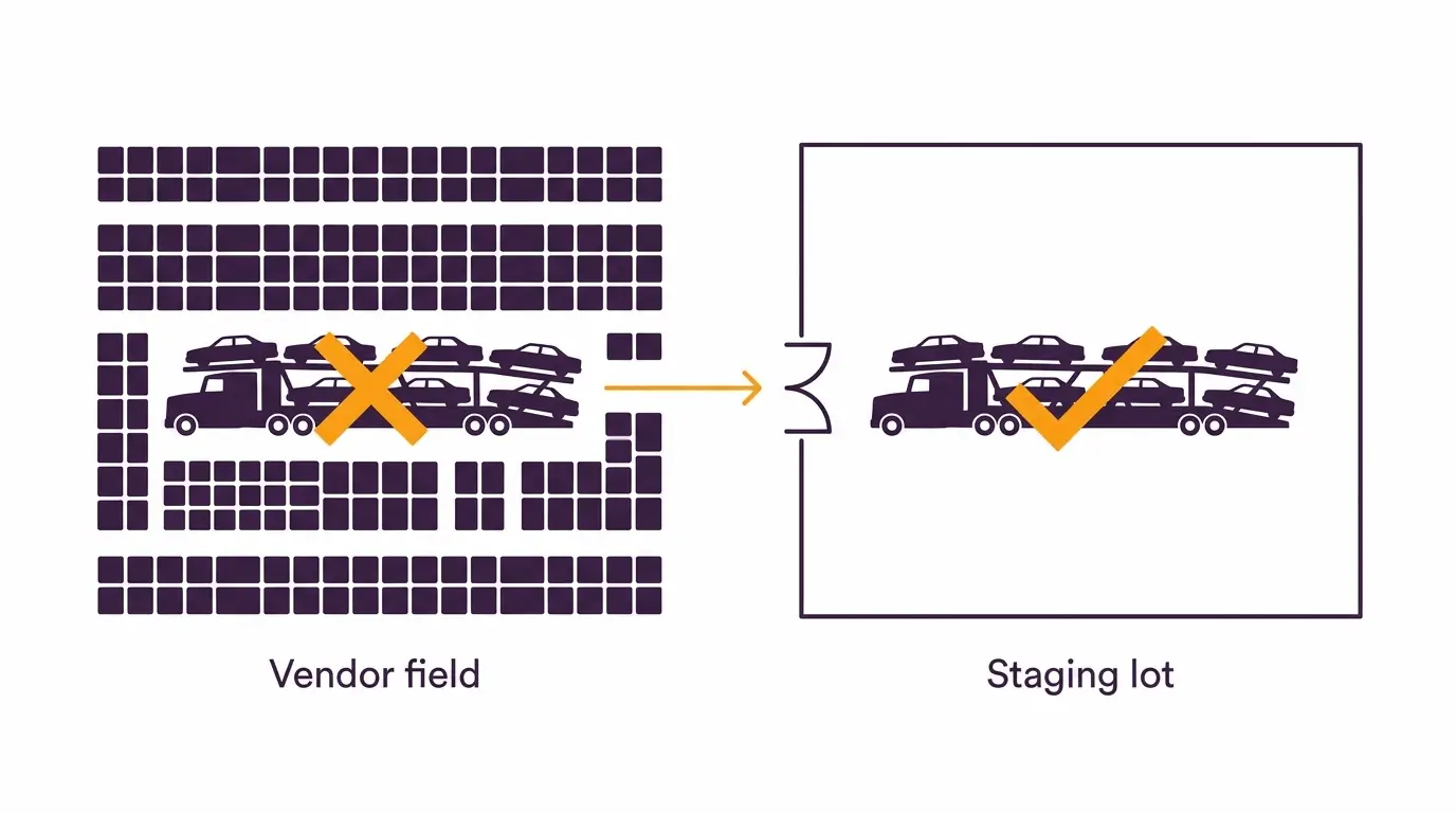 Diagram showing a full size car hauler too large to fit between packed swap meet vendor spaces, and the same truck parked on an open staging lot outside the gate