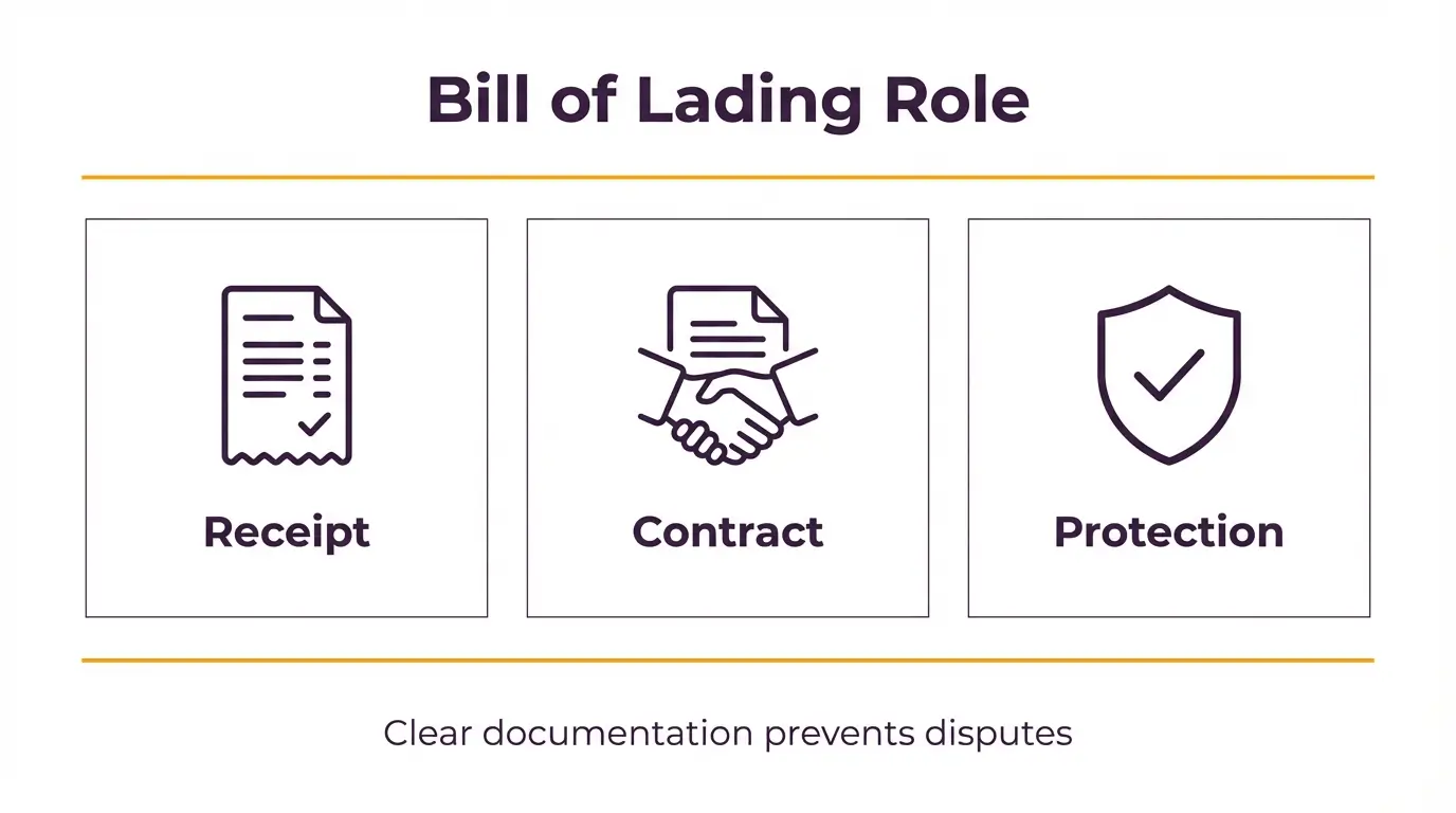 Diagram titled Bill of Lading Role showing three panels labeled Receipt, Contract and Protection, above the caption clear documentation prevents disputes.