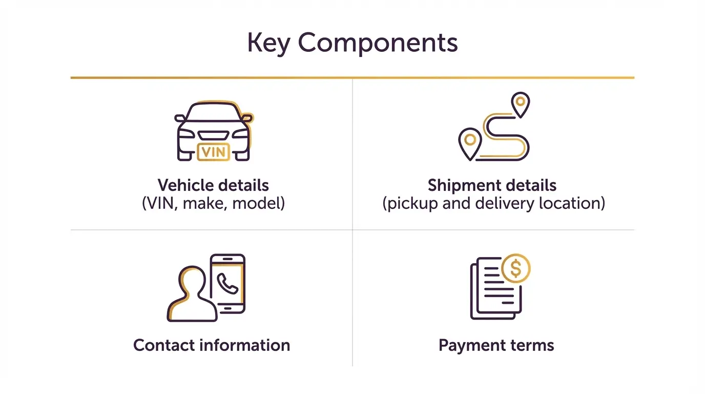 Infographic titled Key Components showing four quadrants: vehicle details with VIN, make and model; shipment details with pickup and delivery location; contact information; and payment terms.