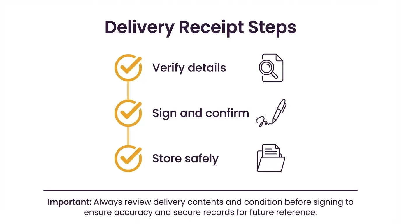 Infographic titled Delivery Receipt Steps showing three steps, verify details, sign and confirm, and store safely, with a note to review contents and condition before signing.
