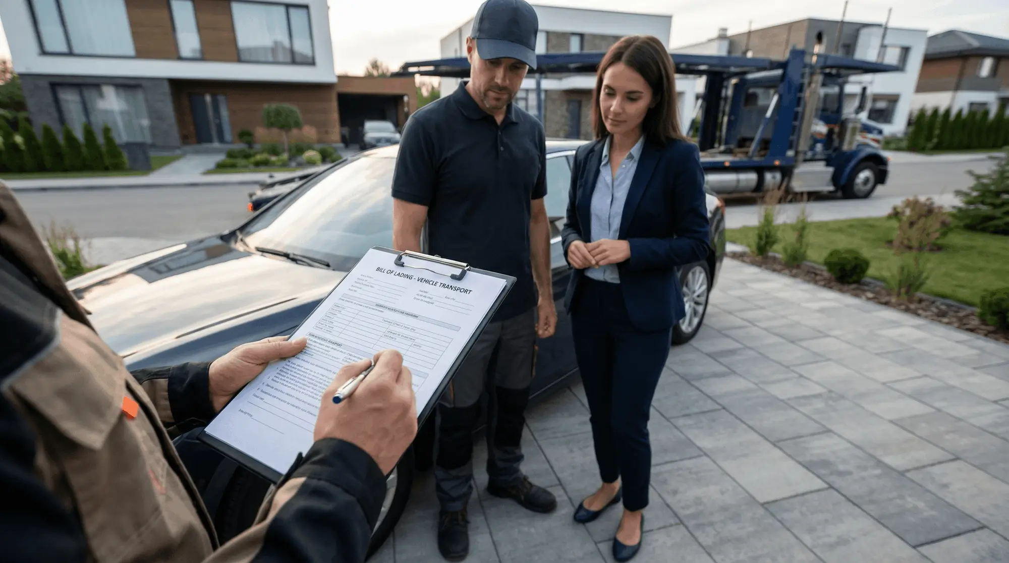A carrier driver and a customer standing beside a car in a driveway while a bill of lading form on a clipboard is signed, with an auto transport truck parked behind them.