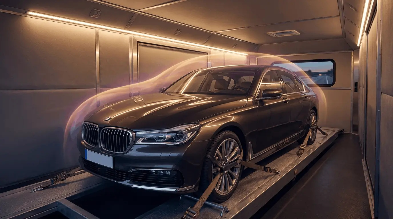Luxury sedan strapped inside an enclosed transport trailer, wrapped in a translucent protective shield