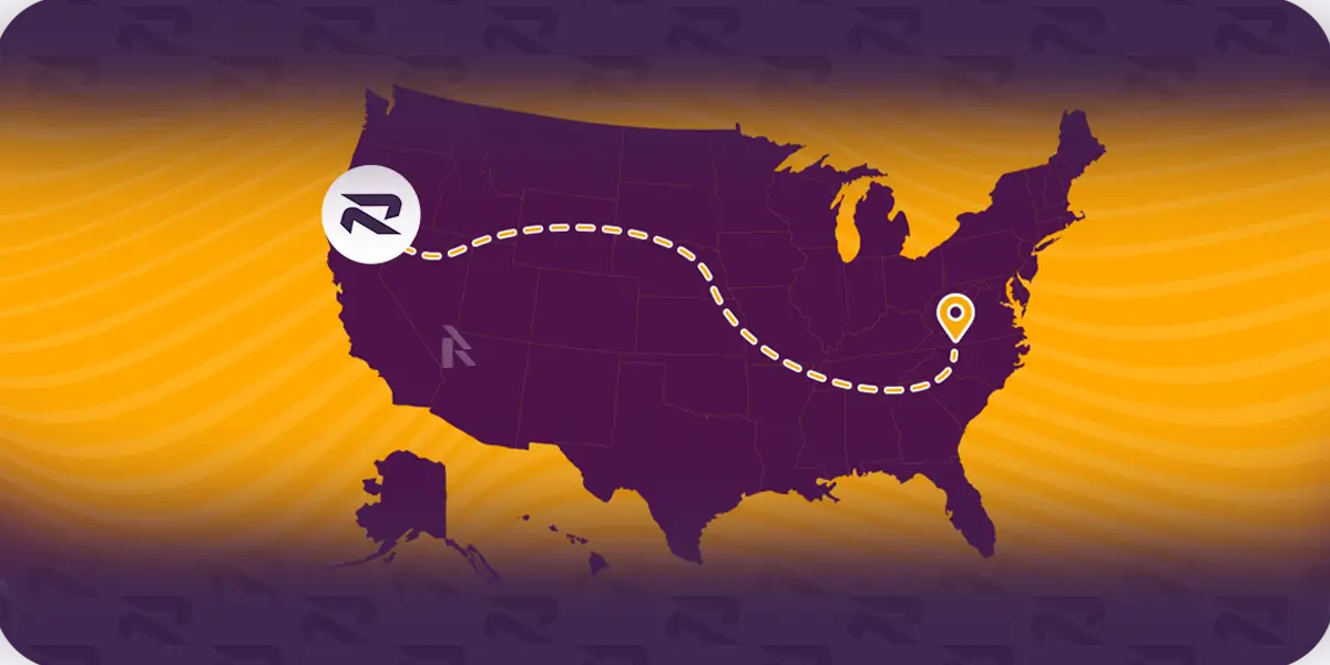 US map showing a car shipping route from the West Coast to the East Coast