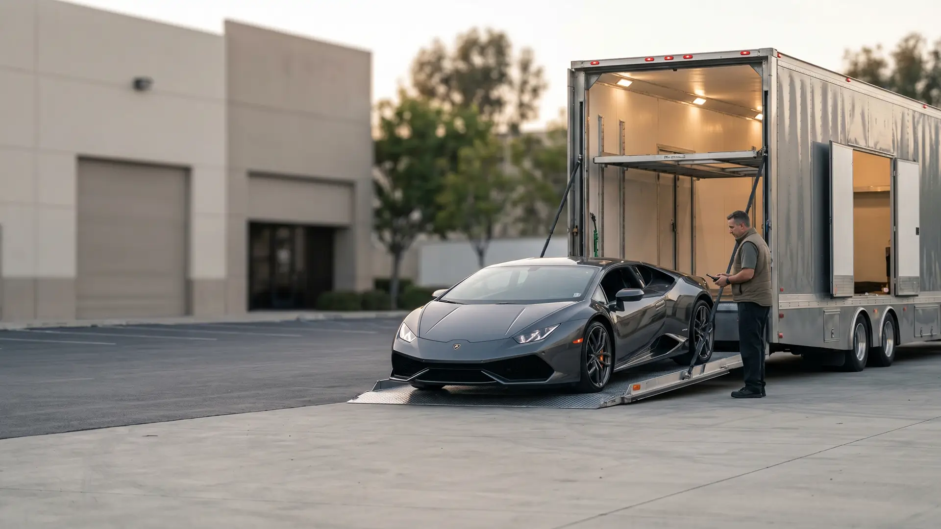 Grey Lamborghini Huracán being loaded onto the ramp of an enclosed transport trailer while a driver checks the inspection sheet beside it