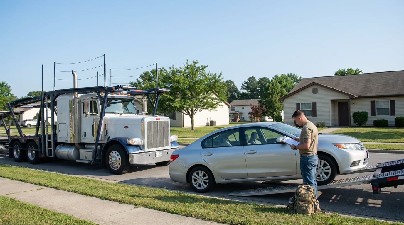 Service member with a clipboard beside a silver car being loaded onto an auto transport carrier outside base housing.